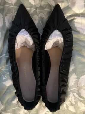 Loeffler Randall Black Ruffled Pointed-Toe Satin Flats